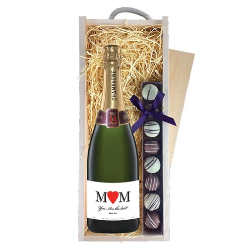 Personalised Champagne - Heart Mam & Truffles, Wooden Box